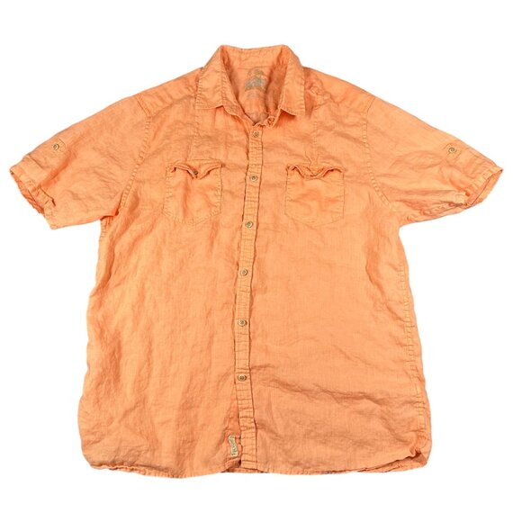 Islander Mens Large Orange Peach Short Sleeve Button Up Linen Shirt Pockets - Picture 1 of 11